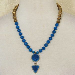 Southwestern Teal Blue Agate & Gold Druzy Statement Pendant Necklace